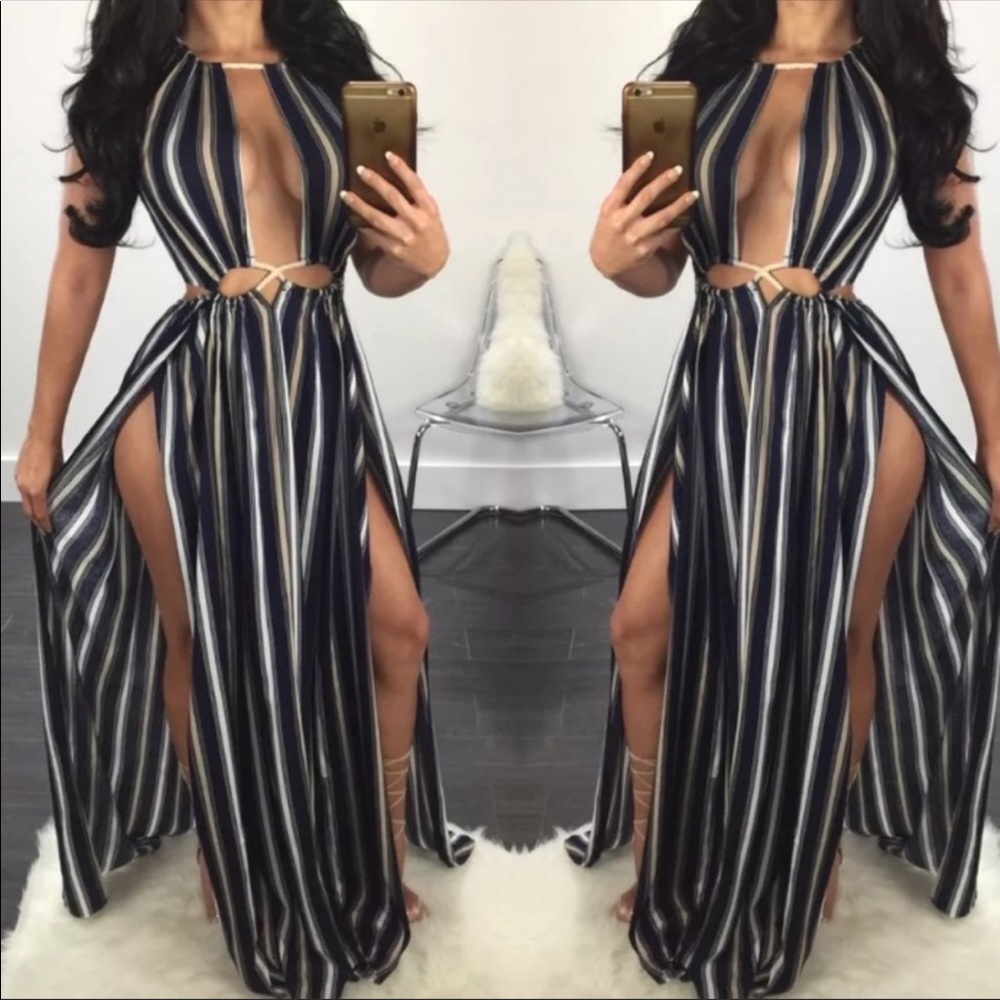 Cut out rope tie striped maxi dress